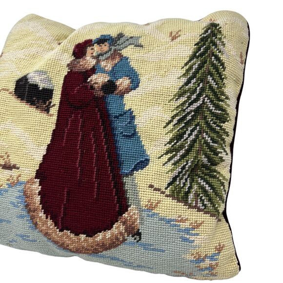 Needlepoint Winter Scene Throw Pillow 2 People Winter Coats Snowy Tree Cabin - Picture 11 of 16